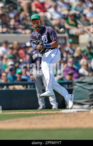 MARCH 16, 2023, Lakeland FL USA; Detroit Tigers outfielder Justin Henry Malloy (82) fields and throws to first for the out during an MLB spring traini Stock Photo