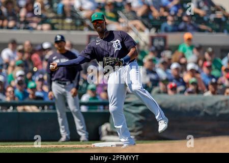 MARCH 16, 2023, Lakeland FL USA; Detroit Tigers outfielder Justin Henry Malloy (82) fields and throws to first for the out during an MLB spring traini Stock Photo