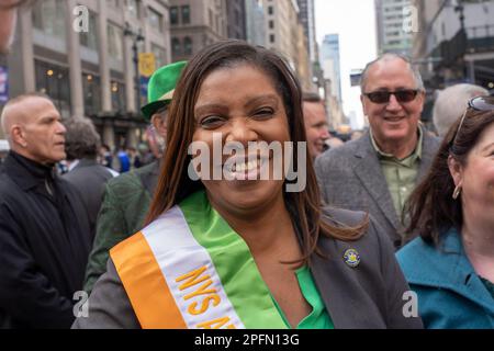 New York, United States. 17th Mar, 2023. New York State Attorney General Letitia James participates in the St. Patrick's Day Parade along 5th Avenue in New York City. Credit: SOPA Images Limited/Alamy Live News Stock Photo