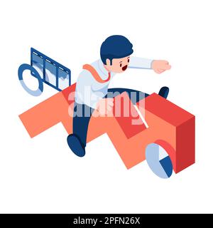 Flat 3d Isometric Businessman Riding on Fluctuated Financial Graph. Investment Volatility Concept. Stock Vector