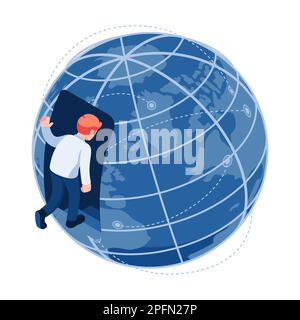 Flat 3d Isometric Businessman Walking into The World. Global business and World Economic Concept. Stock Vector
