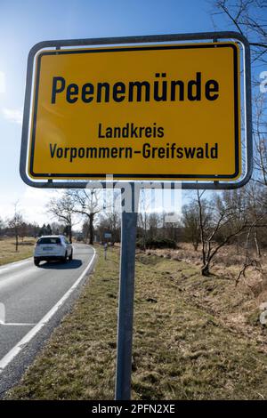 16 March 2023, Mecklenburg-Western Pomerania, Peenemünde: View of the town entrance sign of Peenemünde on the island of Usedom. Peenemünde became famous for the Army Experimental Station 'Peenemünde-Ost' and the Air Force Testing Station 'Peenemünde-West' from 1936 to 1945. The massive use of forced laborers, concentration camp prisoners and prisoners of war made the construction of the testing facilities and the later mass production of the V 2 rocket possible. From 1937 to 1945, Wernher von Braun was the technical director of the Army Experimental Station. Photo: Stefan Sauer/dpa Stock Photo