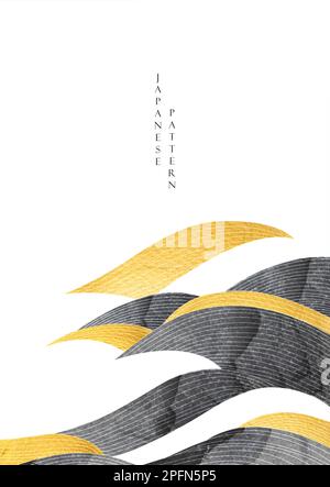 Abstract art background with mountain desert decoration vector. Hand draw wave banner design with line elements in vintage style. Gold and black textu Stock Vector