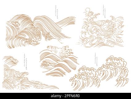 Japanese hand drawn wave decoration in vintage style. Natural elements with oriental pattern. Stock Vector