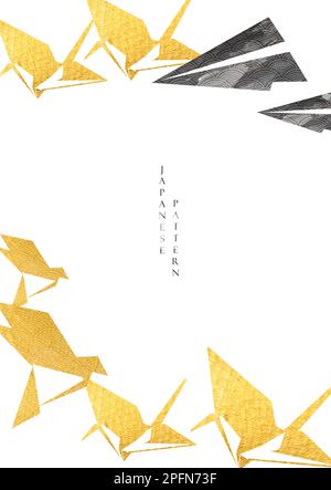 Origami paper folding decoration with gold and black texture vector. Geometric pattern with birds elements in oriental style. Stock Vector