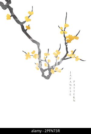Japanese background with gold and black texture vector. Cherry blossom flower decorations in vintage style. Art natural banner design in vintage style Stock Vector