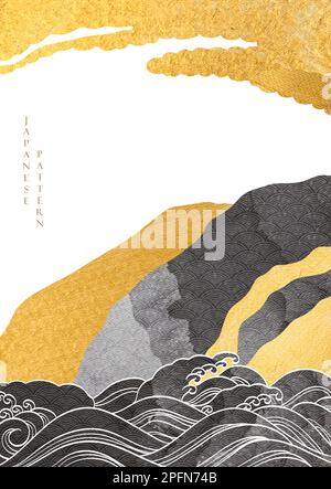 Chinese background with Gold and black texture vector. Hand draw ocean wave pattern in vintage style. Abstract landscape banner design. Stock Vector