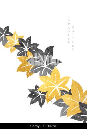 Autumn leaves decoration with gold and black texture vector. Asian traditionally illustration in vintage style. Stock Vector