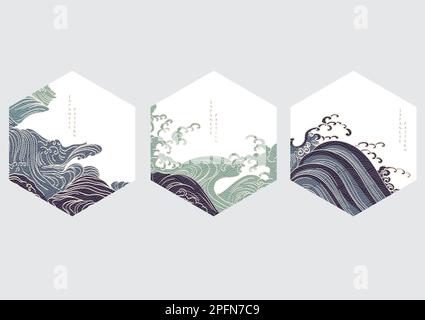 Japanese background with hand drawn wave in vintage style. Art landscape banner design. Stock Vector