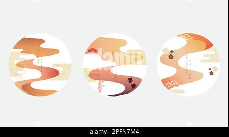 Abstract art background with Japanese wave pattern vector. Flow and dynamic banner design with gradient element in vintage style. Asian traditional ic Stock Vector