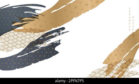 Japanese background with geometric pattern vector. Luxury brush stroke elements with gold decoration in vintage style. Stock Vector