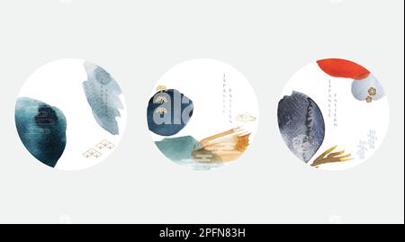 Abstract art background with Asian traditional Japanese icon and pattern vector. Watercolor texture in Chinese style. Circle object banner illustratio Stock Vector