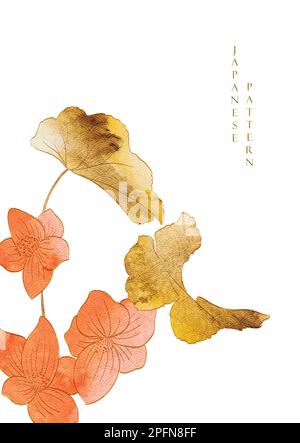 Flower and leaves branch decoration with floral pattern illustration in vintage style. Japanese background with watercolor texture vector. Stock Vector