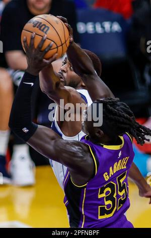 Los Angeles Lakers' Wenyen Gabriel (35) defends during the first half of an  NBA basketball game against the Houston Rockets Monday, Jan. 16, 2023, in  Los Angeles. (AP Photo/Jae C. Hong Stock