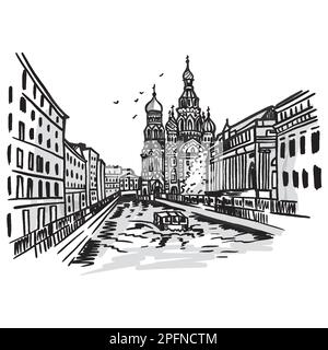 Cathedral of the Savior on Blood in St. Petersburg. Sketch. Black and white illustration. Stock Vector