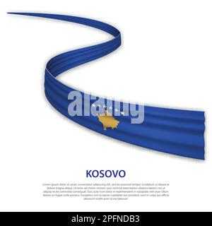 Waving ribbon or banner with flag of Kosovo. Template for independence day poster design Stock Vector