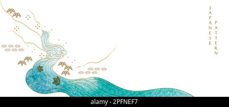 Abstract art landscape with mountain and ocean sea with hand drawn wave elements. Chinese cloud decorations with blue watercolor texture in vintage st Stock Vector