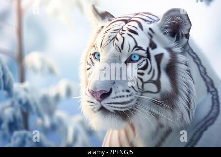 A white tiger's head and face in a snowy Indian forest during winter are captured in a close-up shot, with copy space for text. Stock Photo