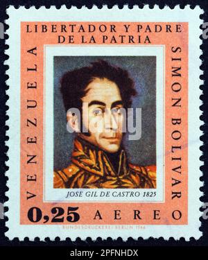 VENEZUELA - CIRCA 1966: A stamp printed in Venezuela from the 'Bolivar Commemoration, 1783-1830' issue shows Simon Bolivar by Jose Gil de Castro. Stock Photo