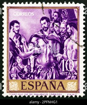 SPAIN - CIRCA 1961: A stamp printed in Spain from the 'Paintings by El Greco' issue shows the Martyrdom of St. Maurice, circa 1961. Stock Photo