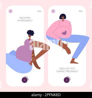 The app design with pregnancy symptoms. New mom has got back pain and edema, swollen foot. Pregnant women has big belly and often has discomfort Stock Vector