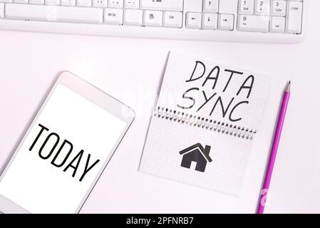 Handwriting text Data Sync. Internet Concept data that is continuously generated by different sources Stock Photo