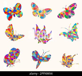 Mosaic Cut Glass Butterflies Set Stock Vector