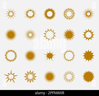 Gold Sun Icons And Sunburst Collection. Vector Illustration Isolated On White Background. Hot Weather Sign Stock Vector