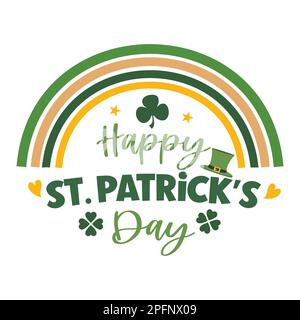 Saint Patrick's Day Typography Decorated With Clover Leaf, Rainbow And Leprechaun Hat Stock Vector