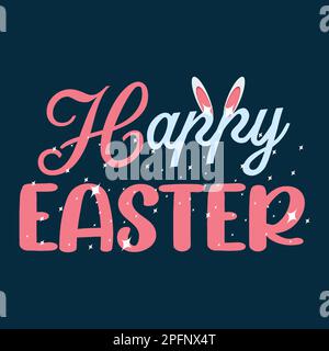 Happy Easter Retro Lettering With Bunny Ears On Blue Background Stock Vector