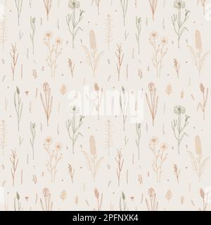 Meadow flowers seamless pattern. Hand drawn field wildflowers background. Vector illustration in sketch style. Aesthetic botany design Stock Vector
