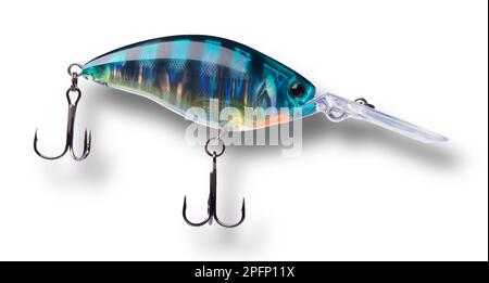 Side view of a blue and gold fishing lure with treble hooks and drop shadow  Stock Photo - Alamy