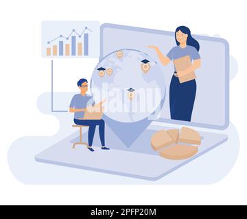 E-learning tools concept, global online education, certificate diploma, flat vector modern illustration Stock Vector