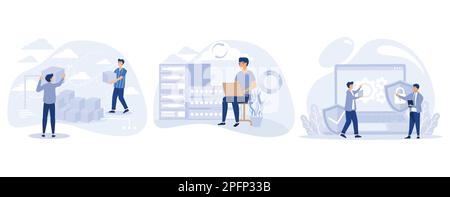 Data backup software concept, Big data storage, backup server, cyber security data protection, remote server, protection from cyber attack, set flat v Stock Vector