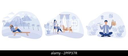 Voluntary lifestyle concept, Downshifting, simple living, minimalist lifestyle, escape, find balance, reduce consumption, set flat vector modern illus Stock Vector