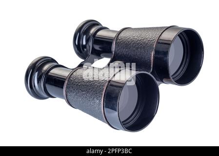 Vintage retro black binoculars isolated on white with clipping path included Stock Photo