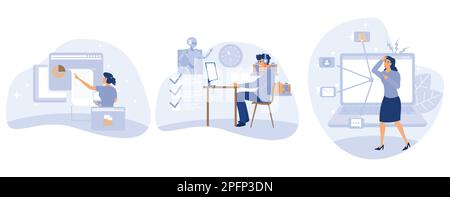 Business digitalization concept, Digital transformation, office wellbeing, digital overload, paperless workflow, social media time tracking app, set f Stock Vector