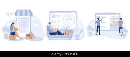 Online retailer concept, Online shopping wishlist, buy product in stock, retail store, my orders list, shopping cart, user account, set flat vector mo Stock Vector