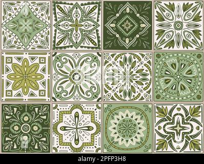 Italian ceramic tile, portuguese green pattern. Mediterranean mexican mosaic, moroccan ornament texture, hand drawn border. Decor textile, wrapping paper, wallpaper. Vector geometry illustration Stock Vector