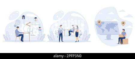 Teamwork concept, Employee sharing, new team members, remote worker, online job, distance team, outsource freelancer, sign contract, set flat vector m Stock Vector