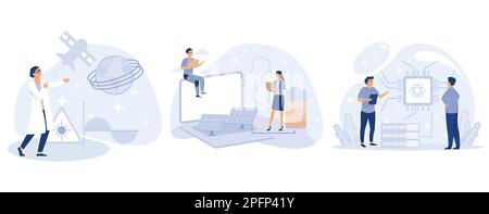 Innovative science concept Laser and graphene technologies, quantum computing, computer science, carbon dioxide nanomaterial, set flat vector modern i Stock Vector