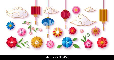 3d chinese cut paper, origami flowers. Bloom asian modern papercut decor collection, china or japanese spring lanterns, white oriental clouds, sakura branches. Isolated elements. Vector logo design Stock Vector