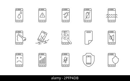 Phone error symbols. Smartphone security. Problem with mobile accessories. Waterproof shield. Anti-scratch keys touching protection. Insurance cases. Mute microphone and battery. Vector line icons set Stock Vector