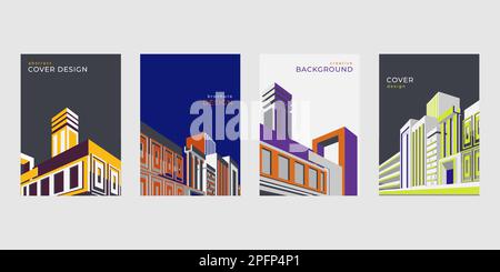 Architecture geometric patterns, Bauhaus posters. Modern and vintage Swiss covers, magazine collection, brochure layout template. Colorful buildings. Vertical banners. Vector design compositions set Stock Vector