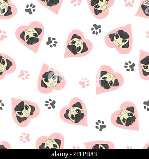Seamless pattern with cute pugs and pink hearts. Vector background with dogs. Stock Vector