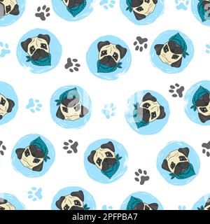 Seamless pattern with cute pugs. Vector circles background with dogs. Stock Vector