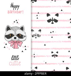 Birthday greeting card design for kids. Vector illustration of cute little raccoon. Stock Vector