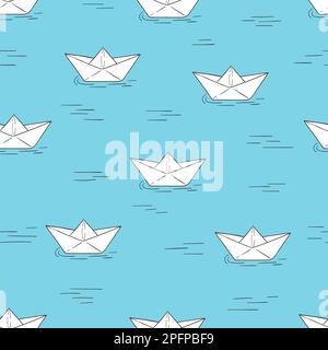 Seamless pattern with doodle paper boats on blue. Vector background. Stock Vector