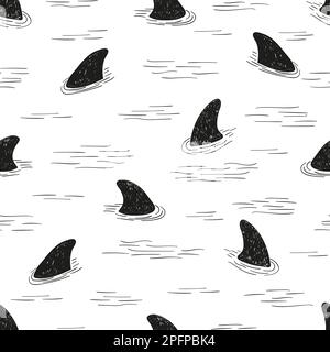 Seamless shark fin pattern. Vector black and white doodle background. Stock Vector
