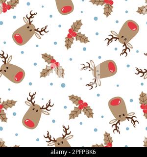 Christmas pattern with cute deers and mistletoe. Vector holiday background. Stock Vector